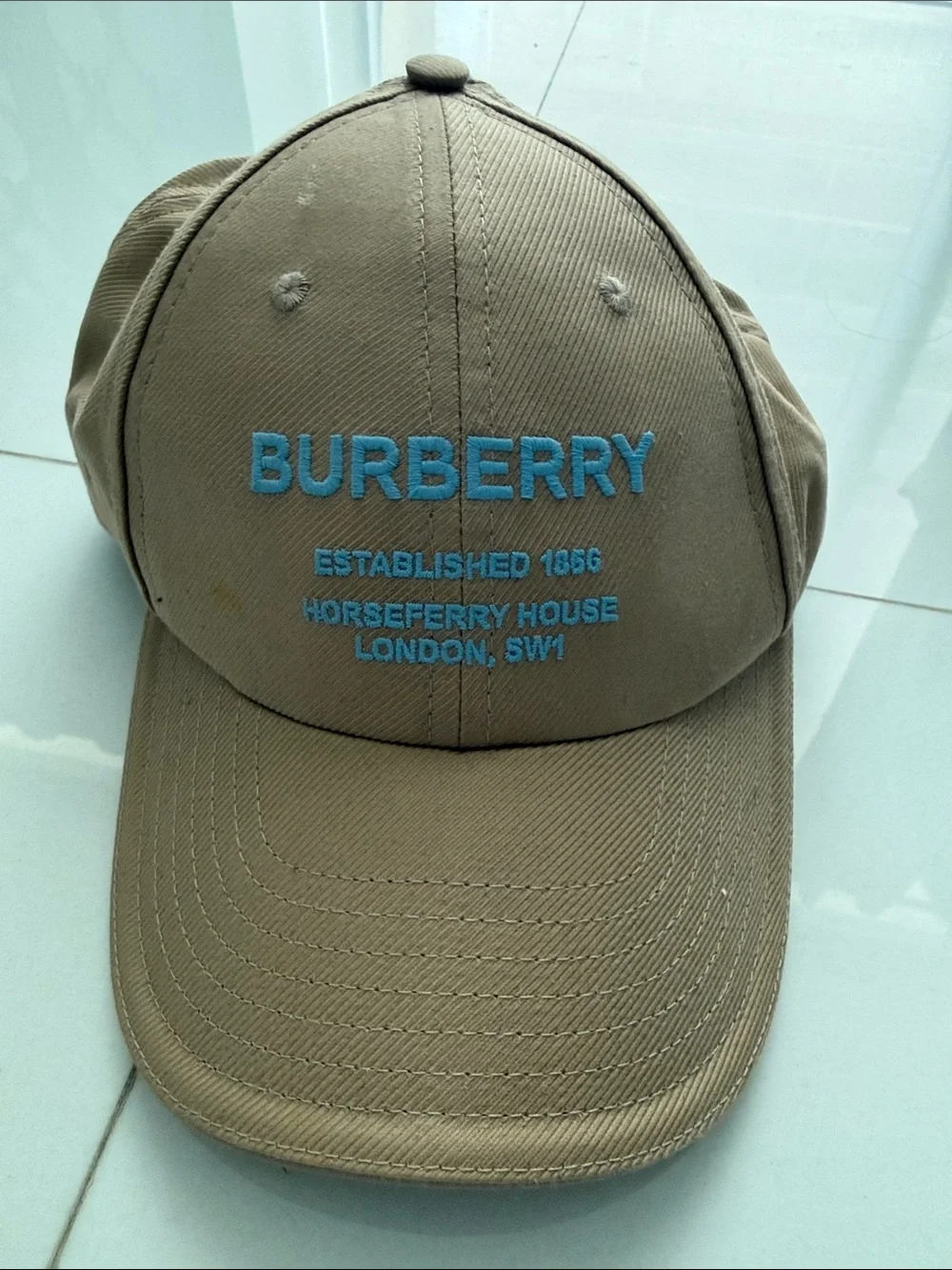 Burberry Khaki Baseball Cap with Light Blue Embroidered Logo
